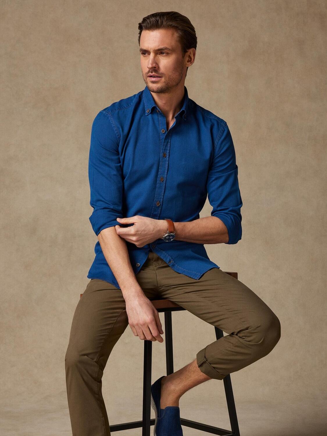 Ron slim-fit denim overhemd - Button-down kraag