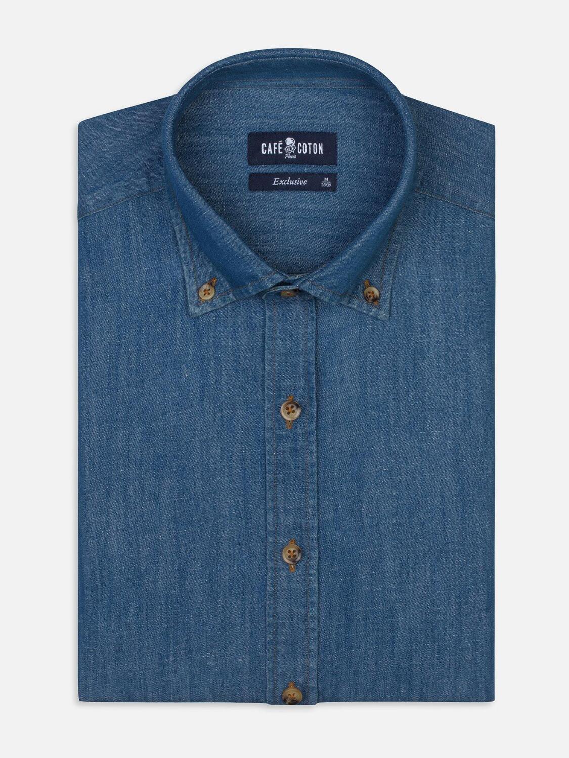 Dark blue denim slim fit shirt - Button down collar