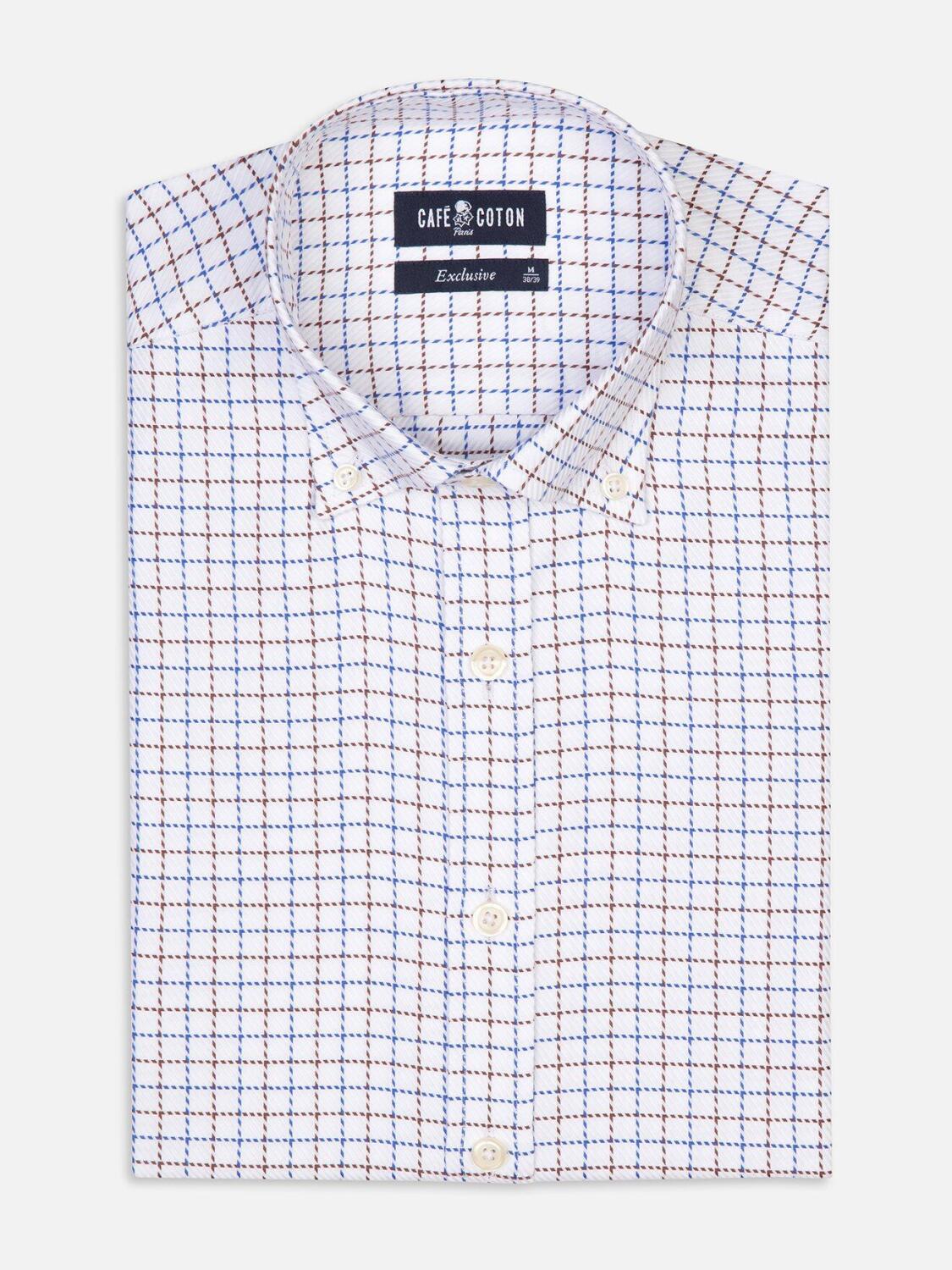 Chemise cintr&eacute;e Sean &agrave; carreaux marron et bleus - Col Boutonn&eacute;