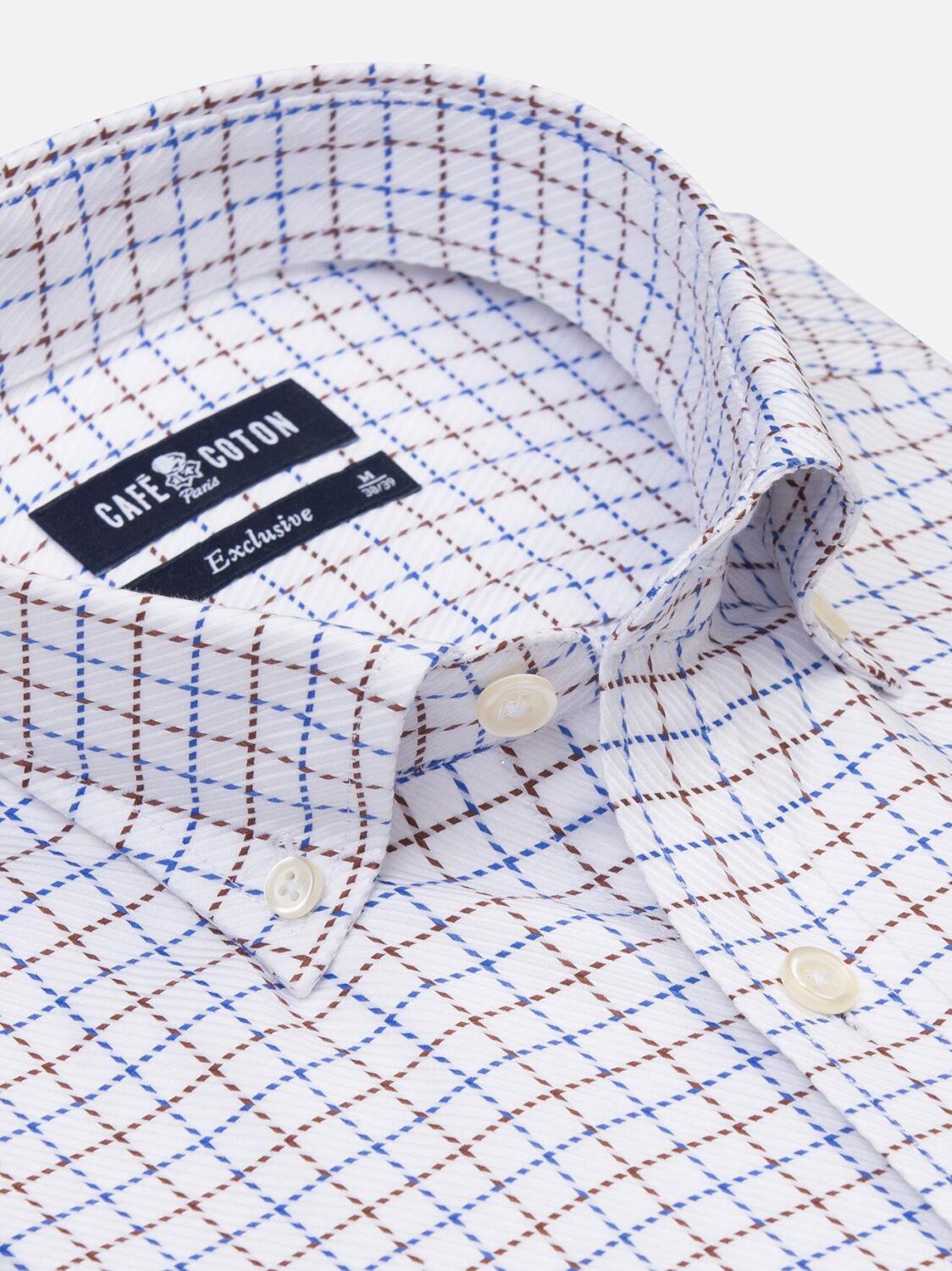 Chemise cintr&eacute;e Sean &agrave; carreaux marron et bleus - Col Boutonn&eacute;