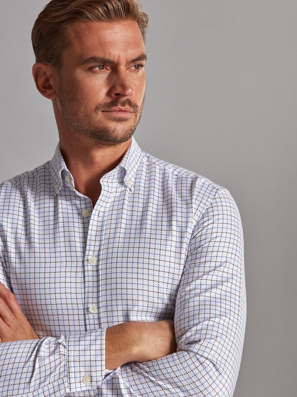 Chemise cintr&eacute;e Sean &agrave; carreaux marron et bleus - Col Boutonn&eacute;