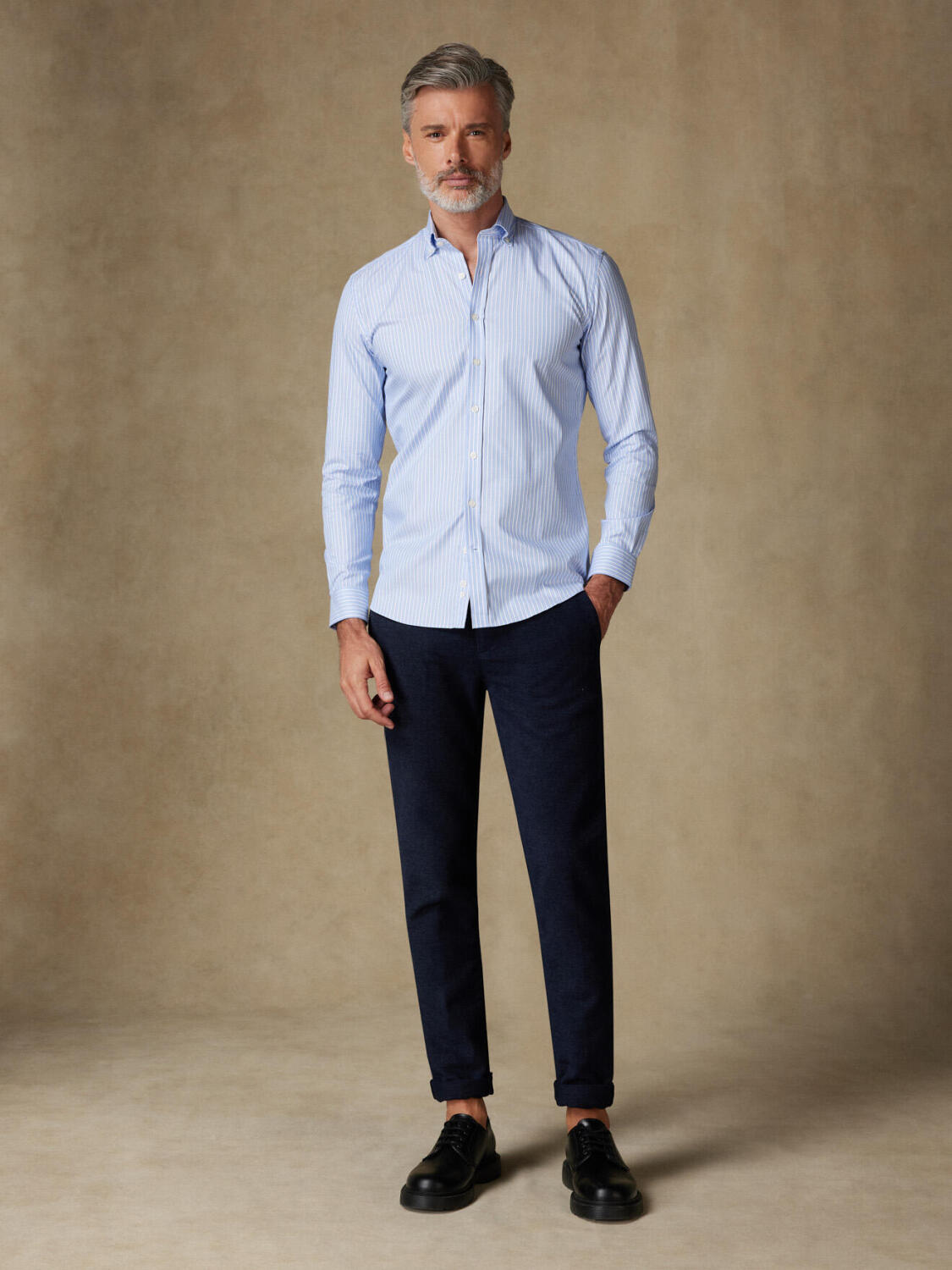 Chemise cintrée Shepherd ciel à rayures  - Col Boutonné