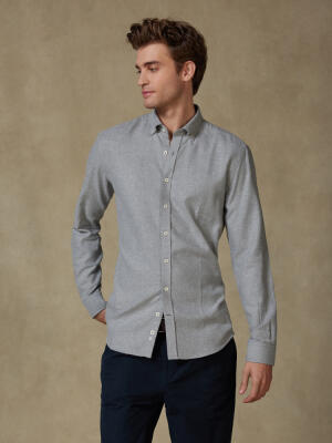 Storm grey flannel slim fit shirt - Button-down collar