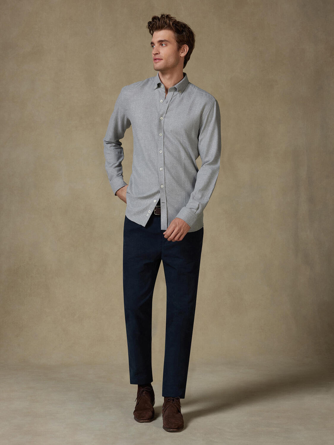 Storm grey flannel slim fit shirt - Button-down collar