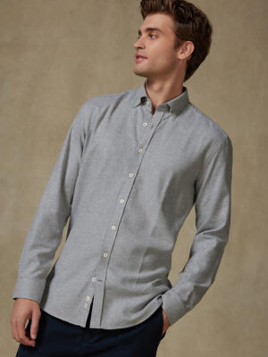 Storm grey flannel slim fit shirt - Button-down collar