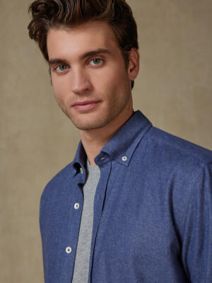 Storm blue flannel slim fit shirt - Button-down collar