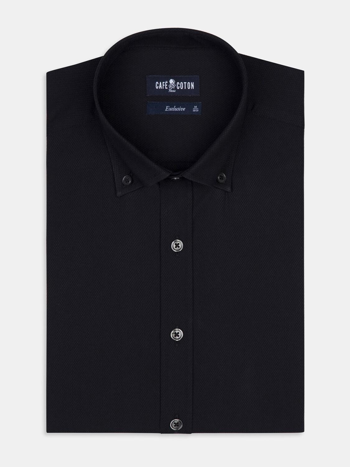 Chemise cintrée Tea texturée noire - Col Boutonné