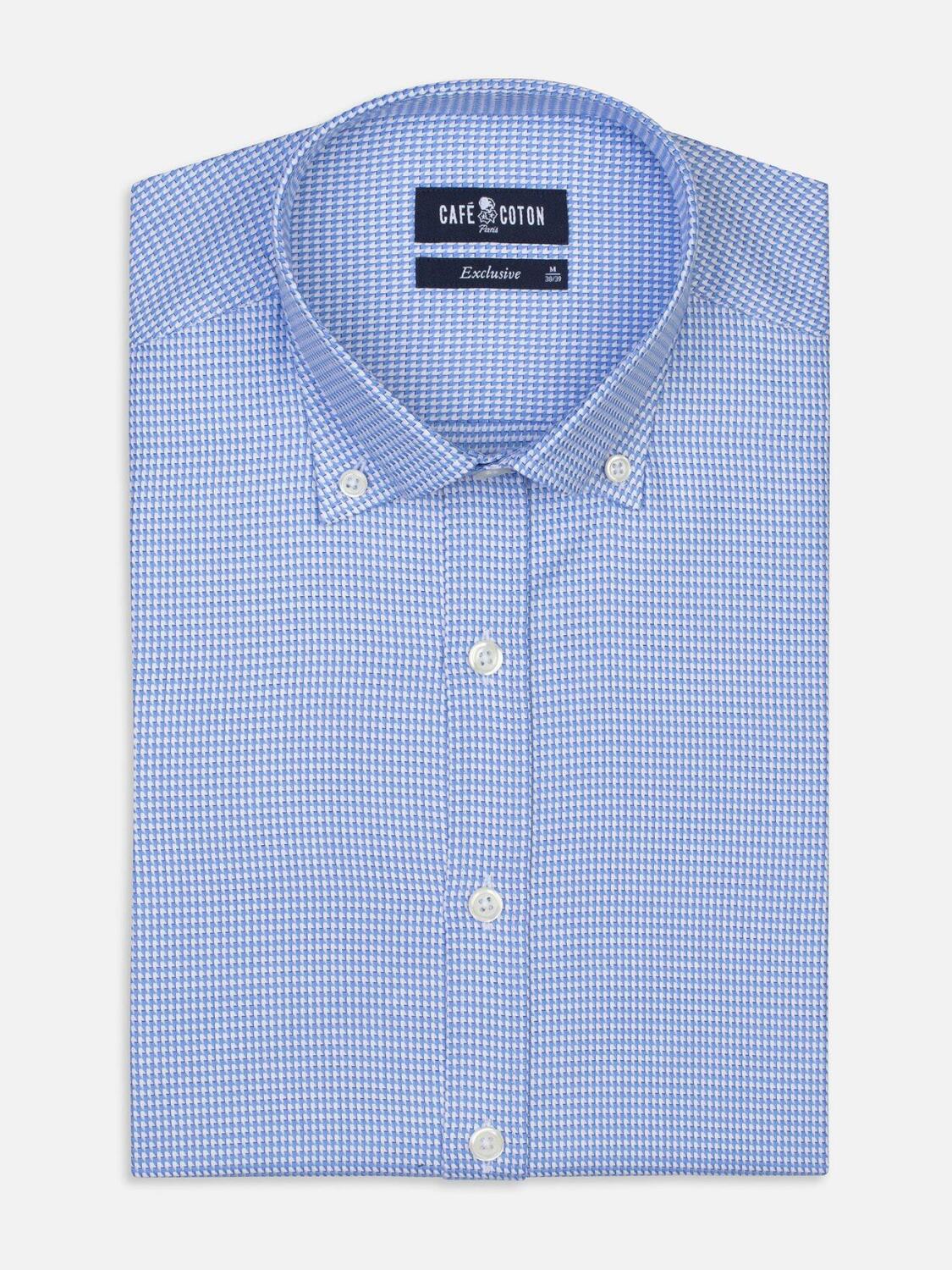 Blue sky and white printed houndstooth twill slim fit shirt - Button down collar