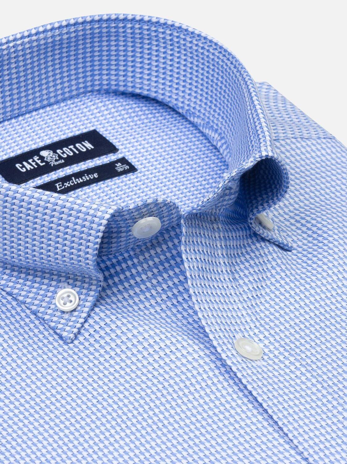 Blue sky and white printed houndstooth twill slim fit shirt - Button down collar