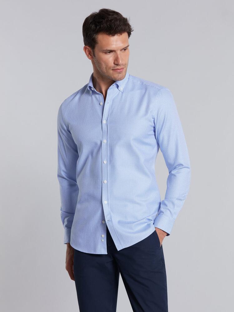 Blue sky and white printed houndstooth twill slim fit shirt - Button down collar