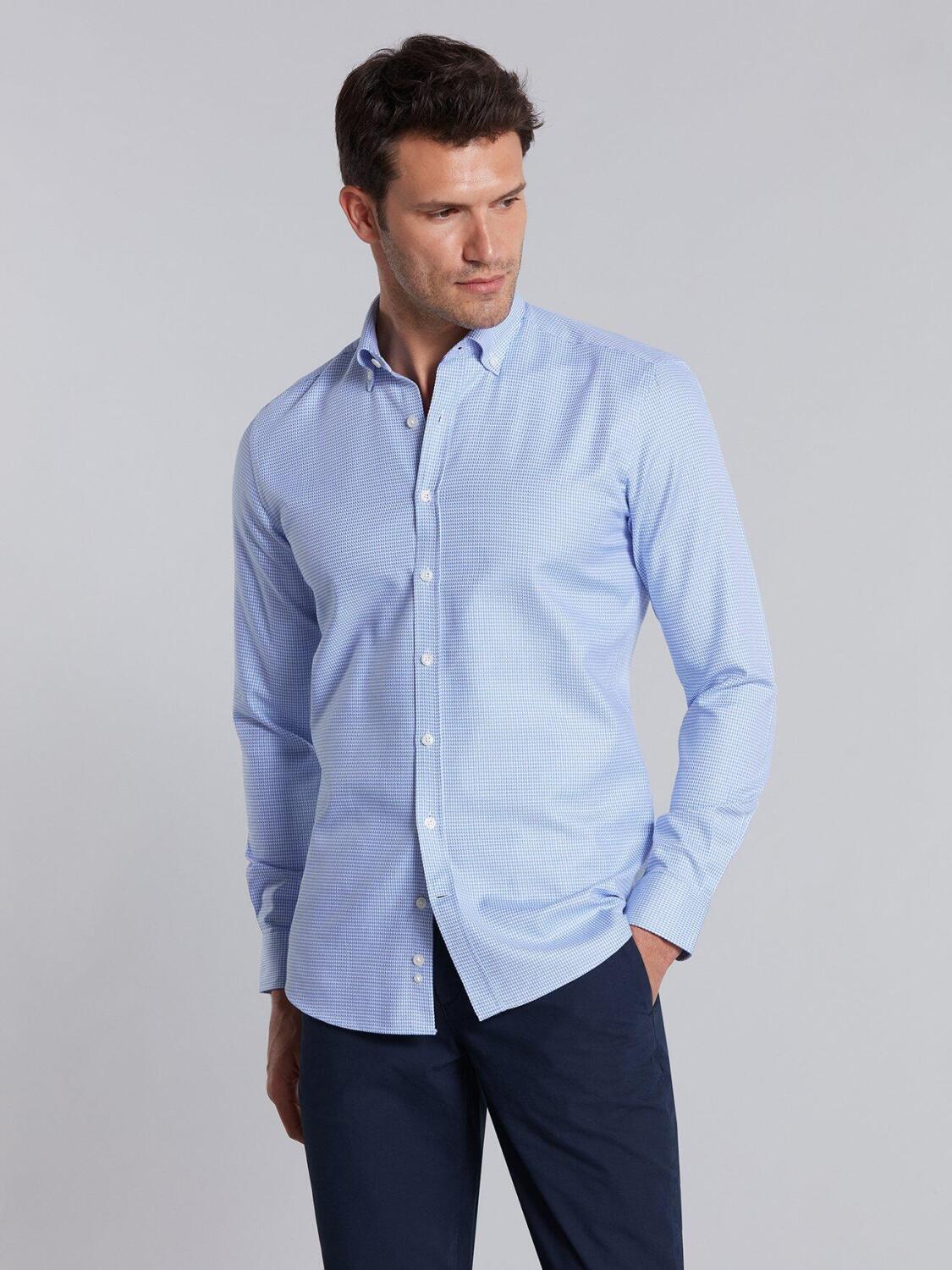 Blue sky and white printed houndstooth twill slim fit shirt - Button down collar