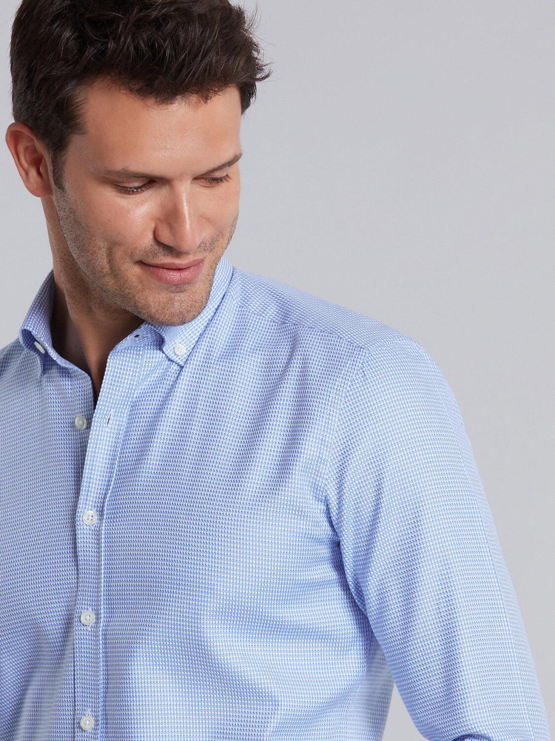 Blue sky and white printed houndstooth twill slim fit shirt - Button down collar