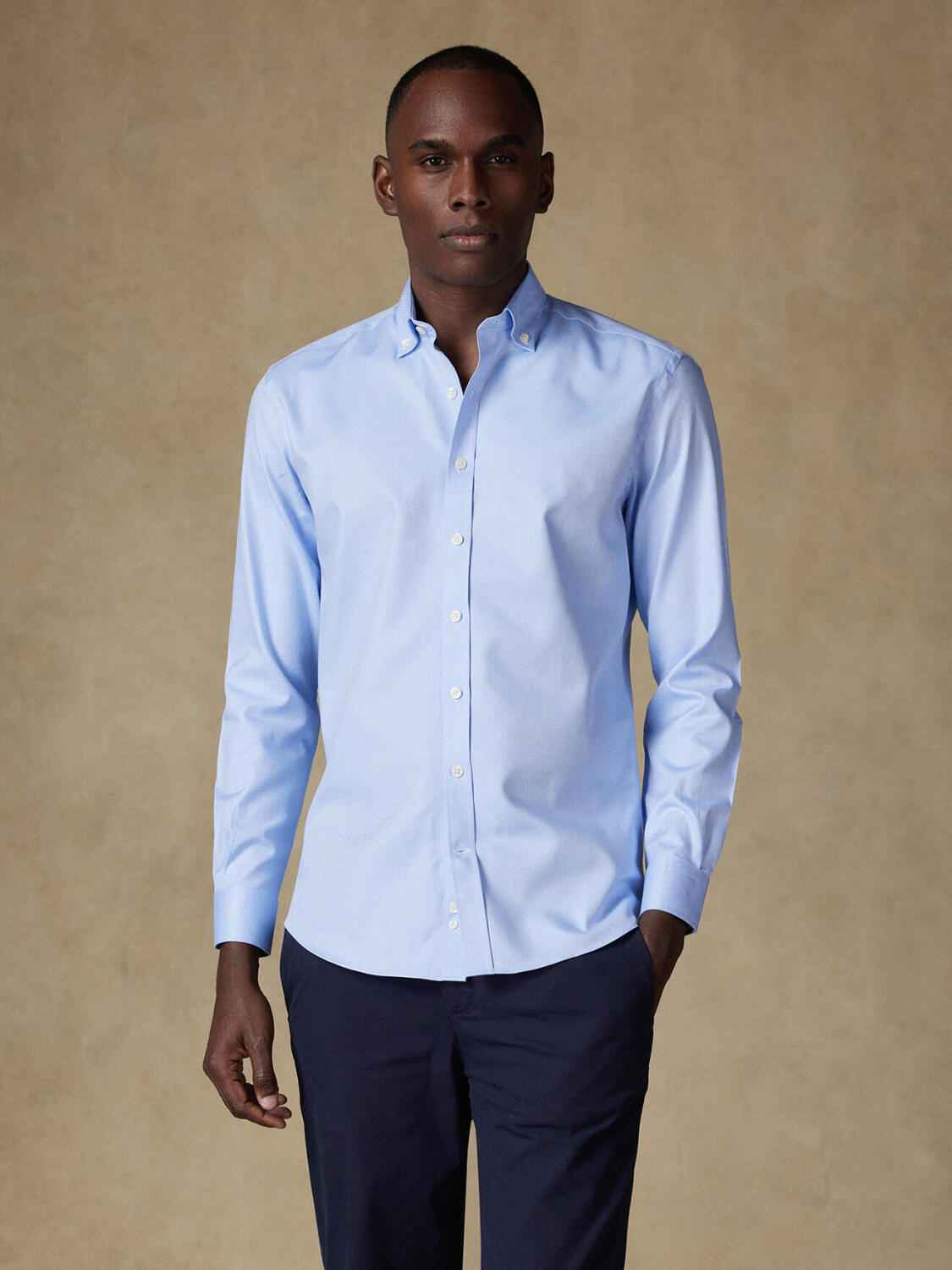 Lichtblauw twill slim fit overhemd - Button-down kraag