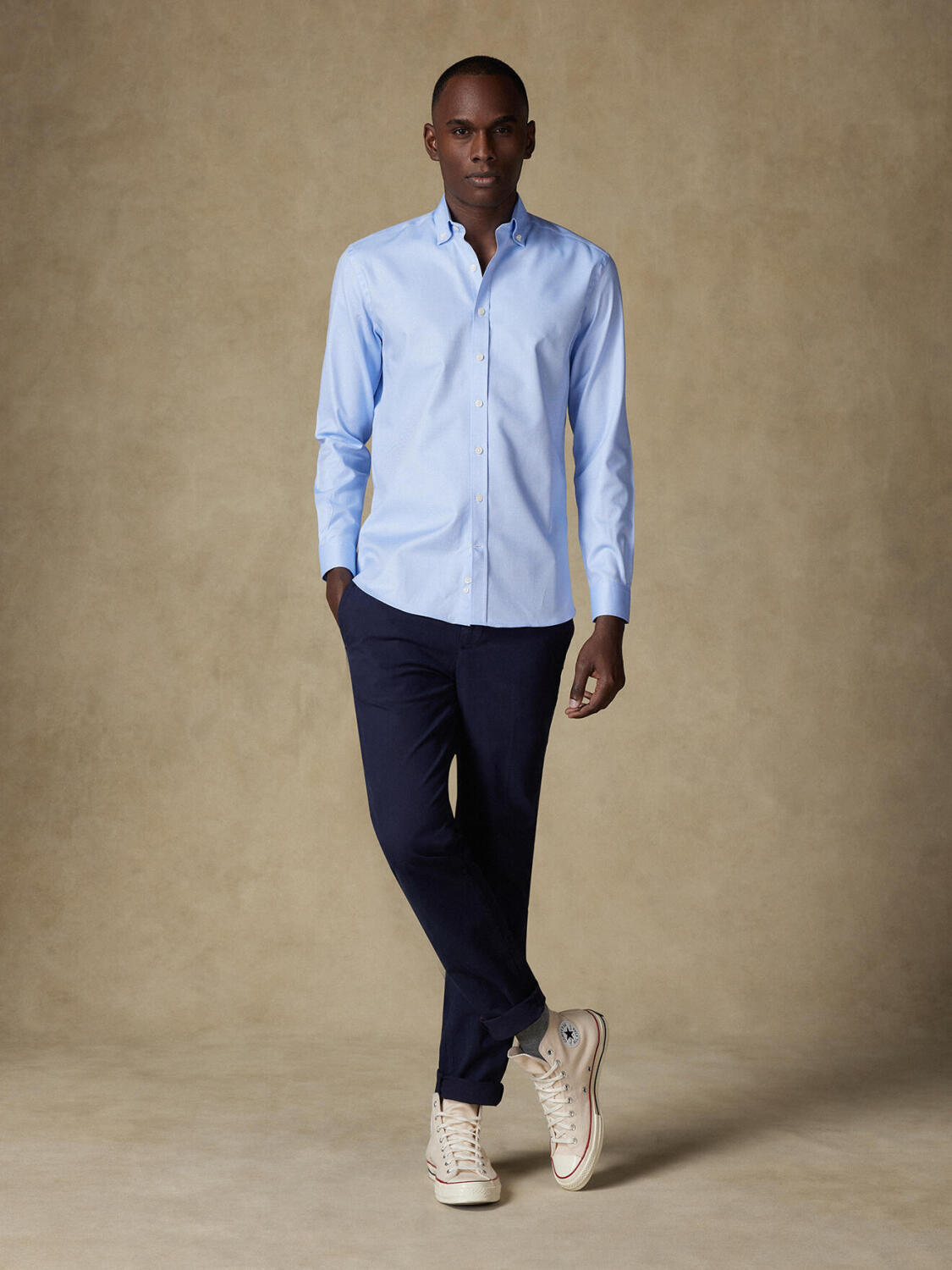 Lichtblauw twill slim fit overhemd - Button-down kraag