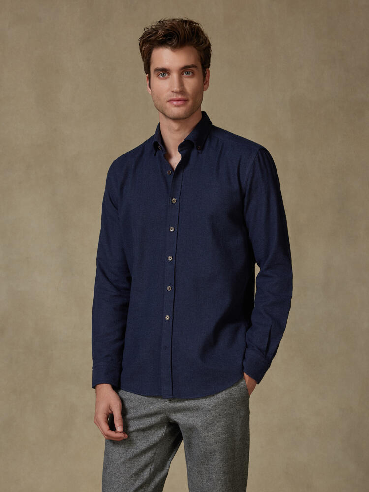 Wessow navy flannel slim fit shirt - Button-down collar
