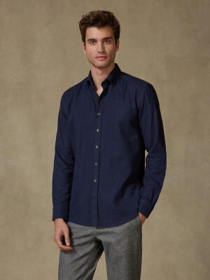 Wessow navy flannel slim fit shirt - Button-down collar
