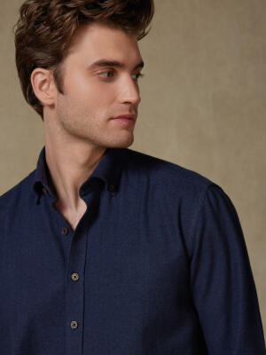 Wessow navy flannel slim fit shirt - Button-down collar