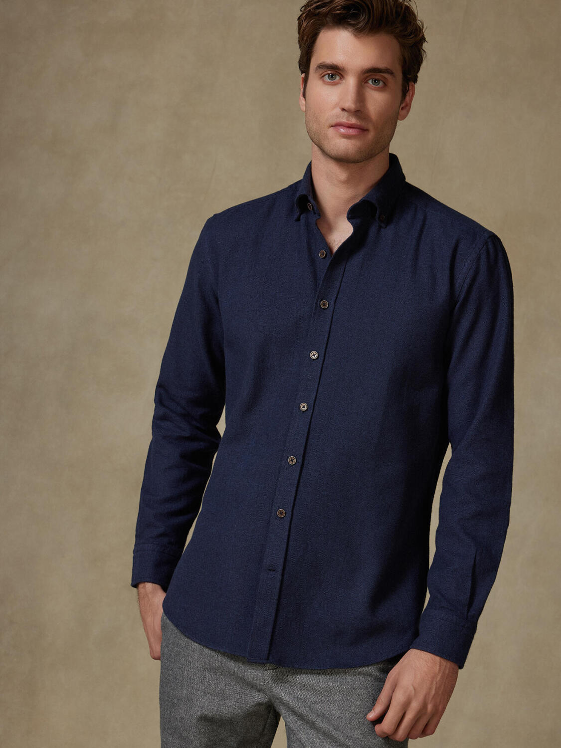 Wessow navy flannel slim fit shirt - Button-down collar