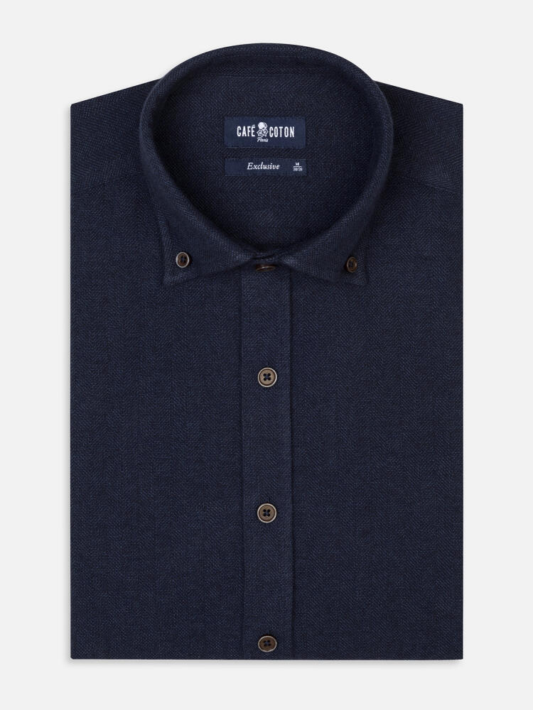 Wessow navy flannel slim fit shirt - Button-down collar