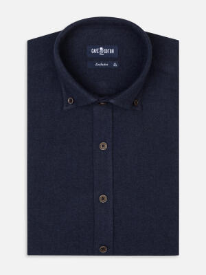 Wessow navy flannel slim fit shirt - Button-down collar