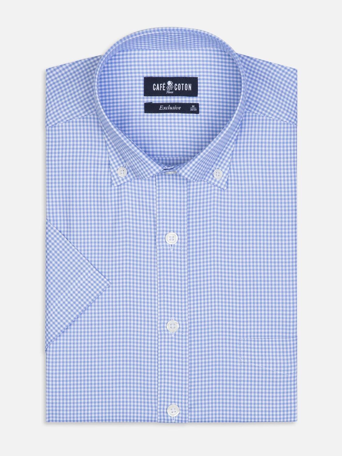 Alfred short sleeves shirt in azure gingham  - Buttoned collar