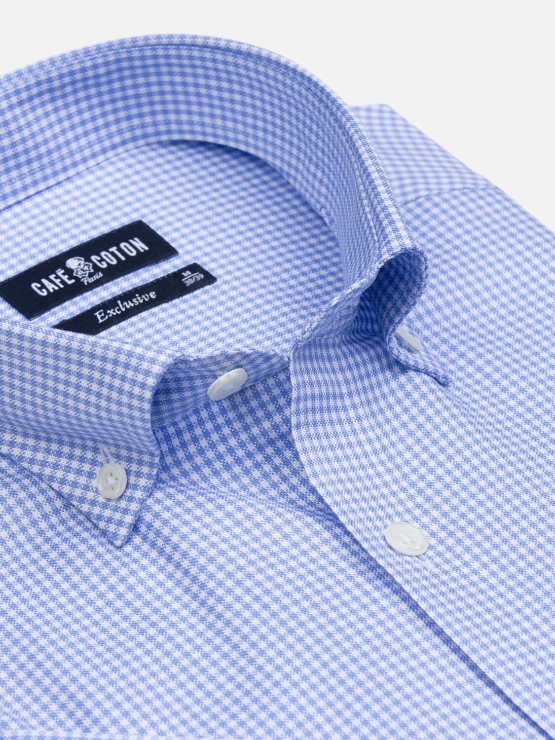 Alfred short sleeves shirt in azure gingham  - Buttoned collar