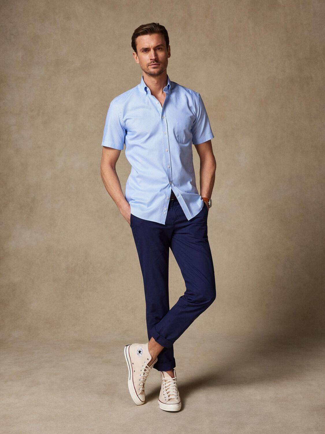 Alfred short sleeves shirt in azure gingham  - Buttoned collar