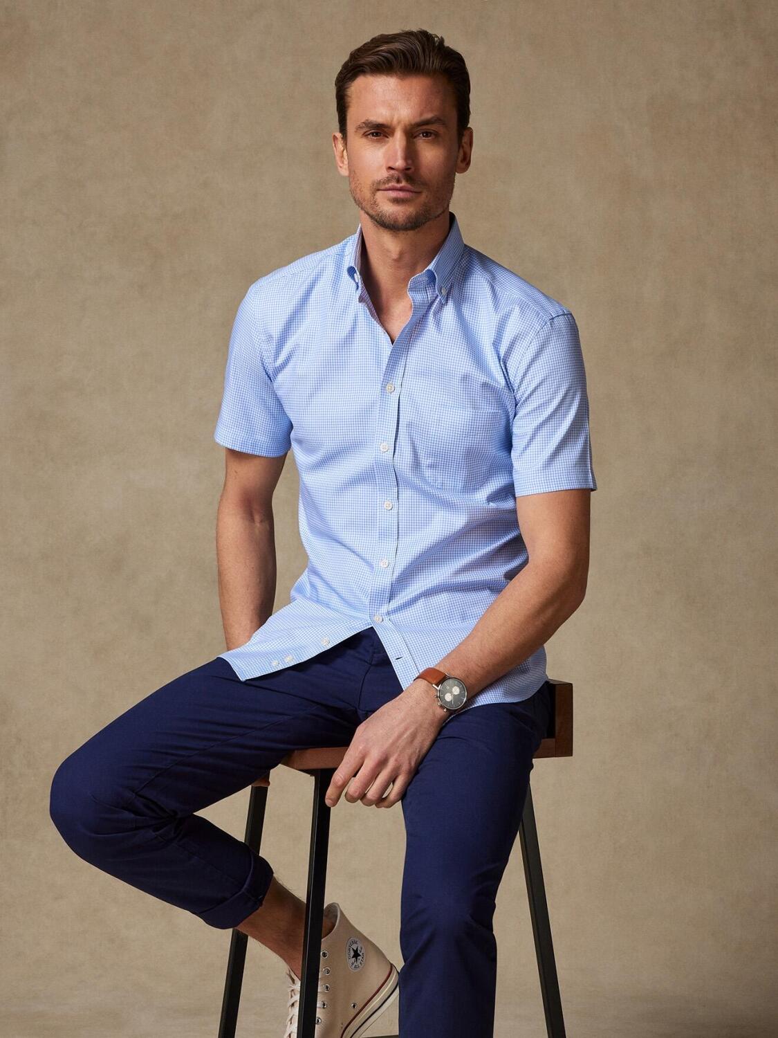 Alfred short sleeves shirt in azure gingham  - Buttoned collar