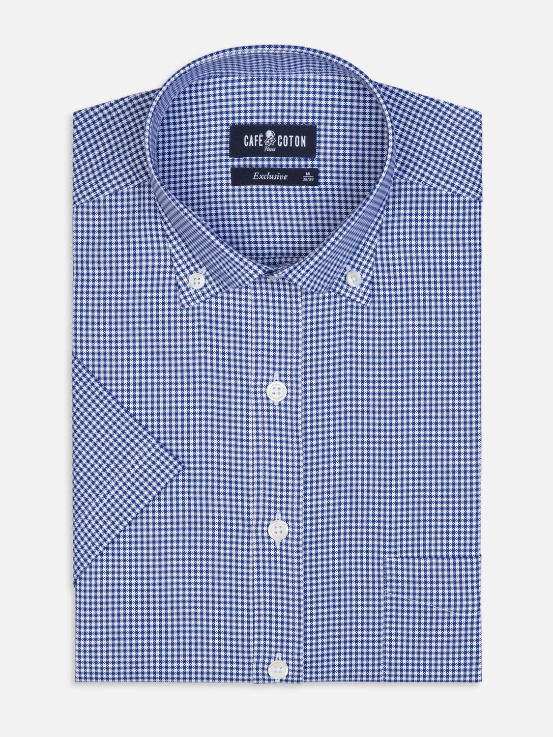 Alfred marine geruit overhemd met korte mouwen - Button down kraag