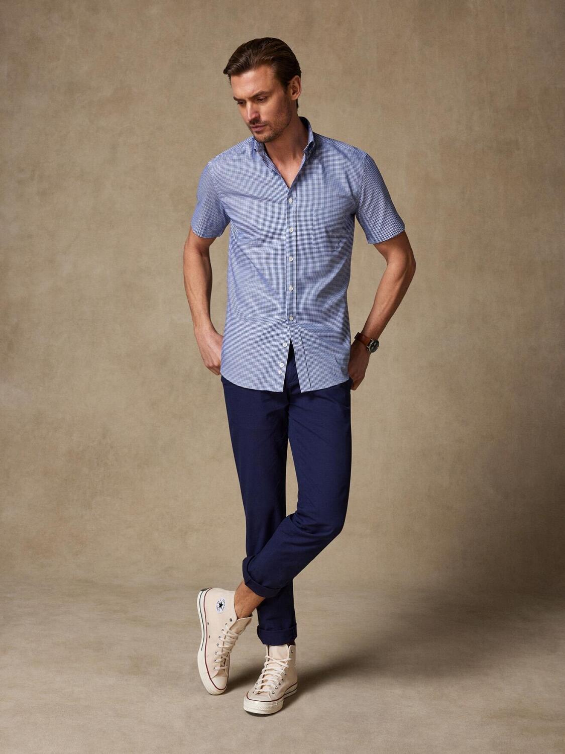 Alfred marine geruit overhemd met korte mouwen - Button down kraag