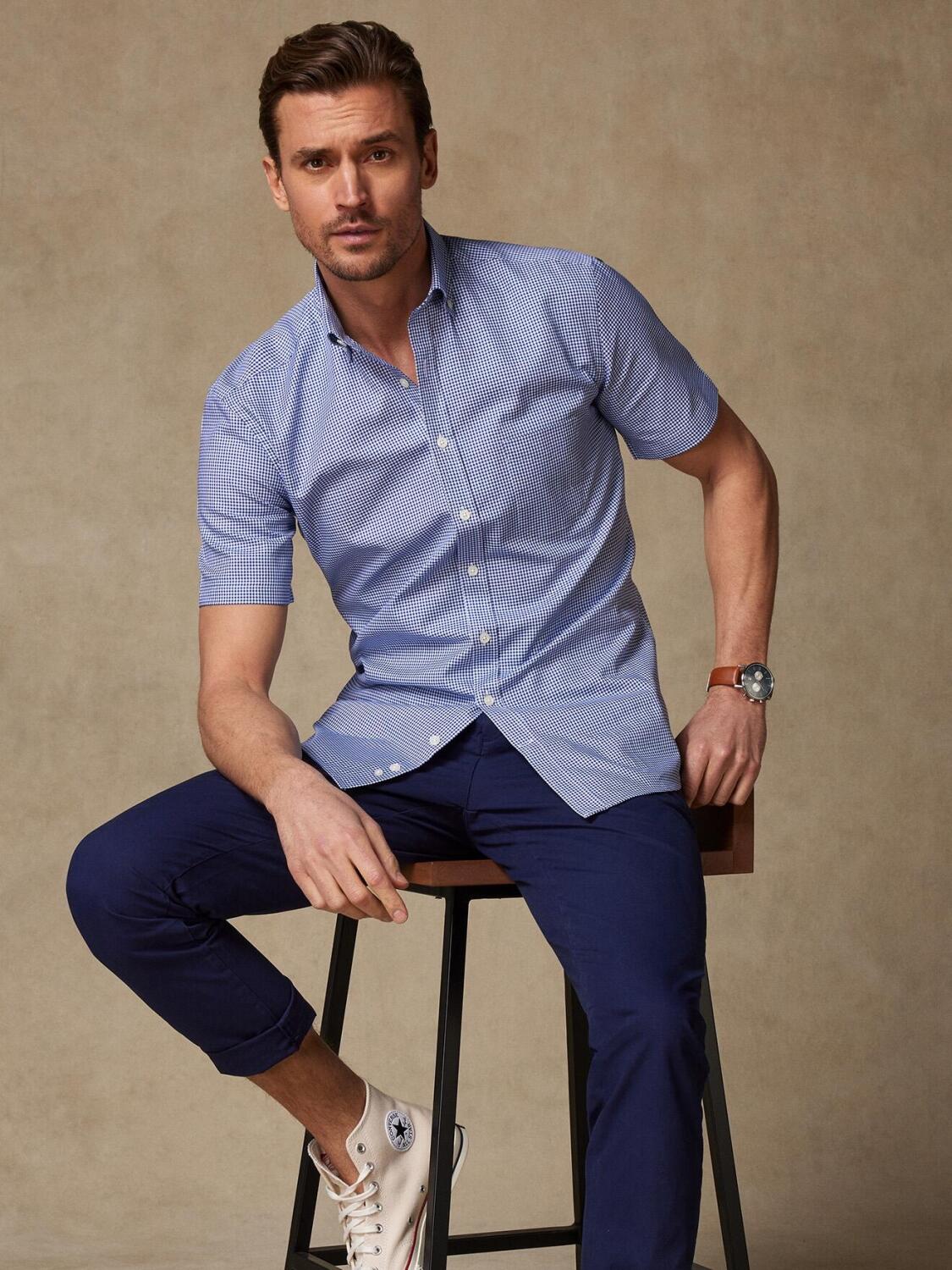 Alfred marine geruit overhemd met korte mouwen - Button down kraag