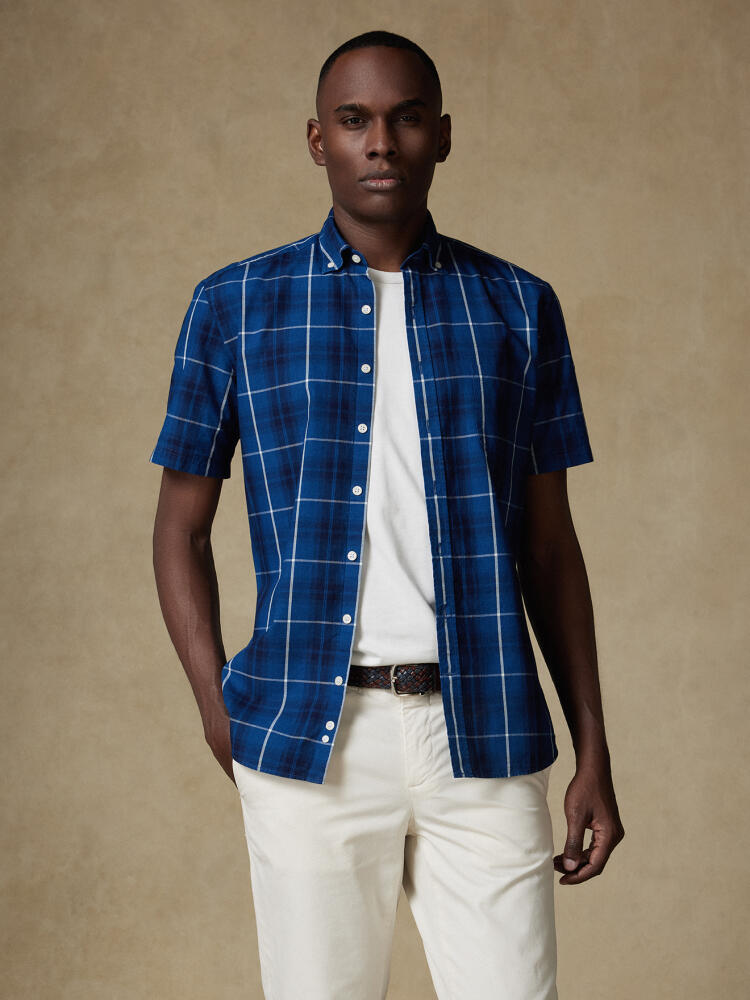 Alfy short sleeves shirt with indigo tartan pattern   - Button down collar