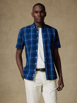 Alfy short sleeves shirt with indigo tartan pattern   - Button down collar