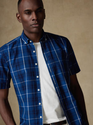 Alfy short sleeves shirt with indigo tartan pattern   - Button down collar