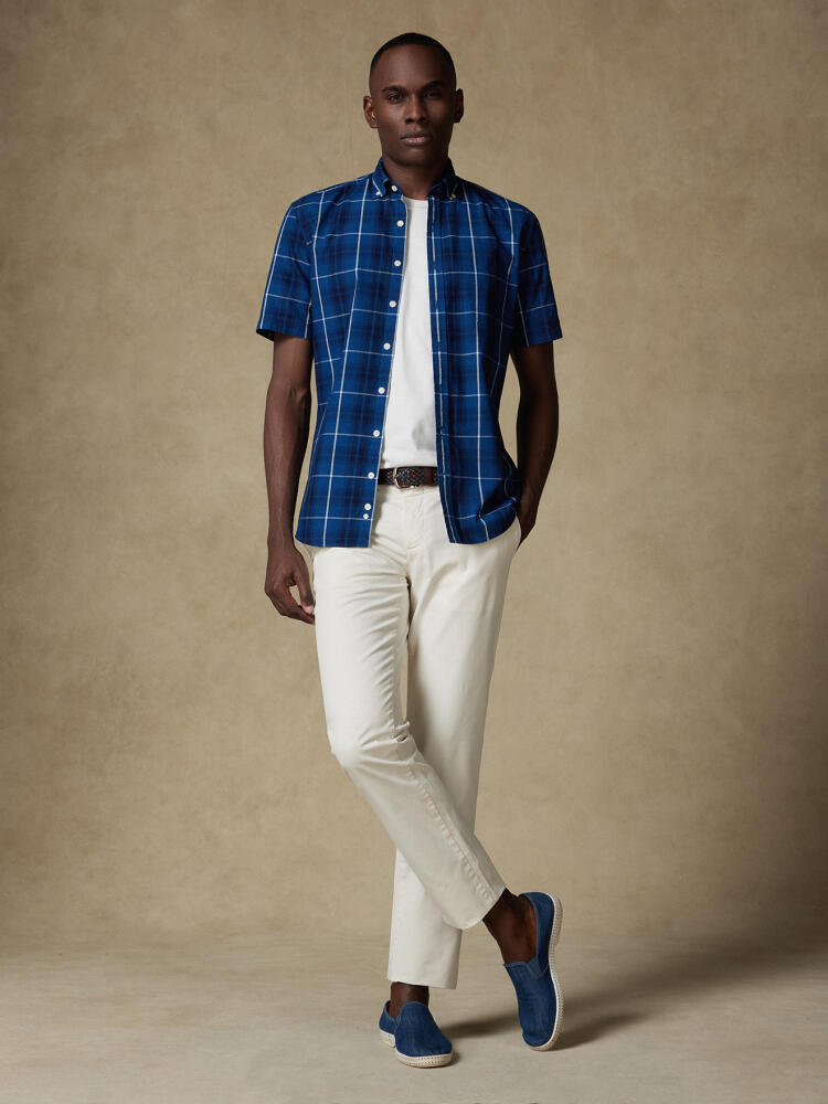 Alfy short sleeves shirt with indigo tartan pattern   - Button down collar