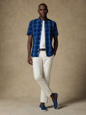 Alfy short sleeves shirt with indigo tartan pattern   - Button down collar