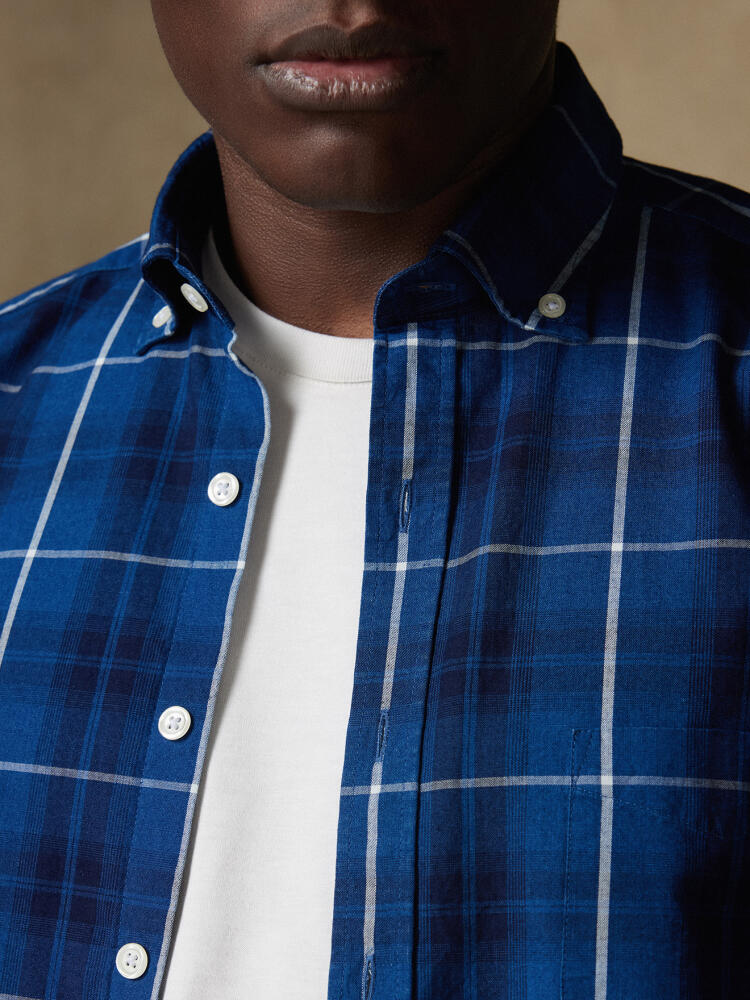 Alfy short sleeves shirt with indigo tartan pattern   - Button down collar