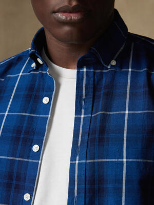 Alfy short sleeves shirt with indigo tartan pattern   - Button down collar