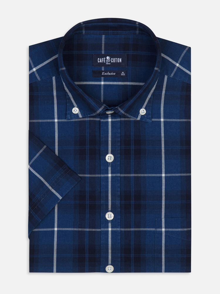 Alfy short sleeves shirt with indigo tartan pattern   - Button down collar