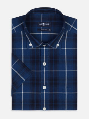 Alfy short sleeves shirt with indigo tartan pattern   - Button down collar