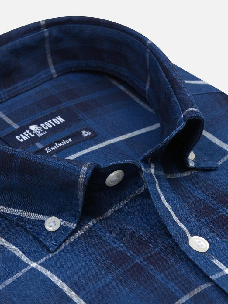 Alfy short sleeves shirt with indigo tartan pattern   - Button down collar