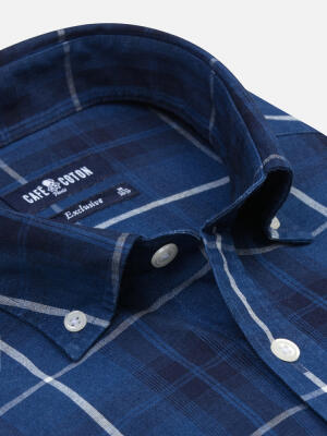Alfy short sleeves shirt with indigo tartan pattern   - Button down collar