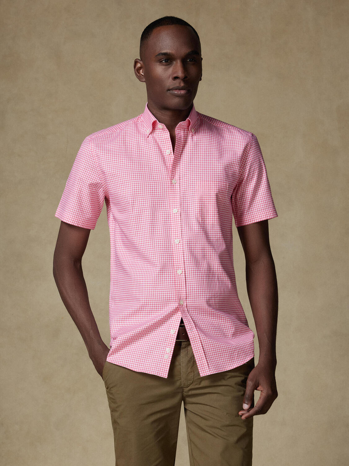Overhemd met korte mouwen Anthony in vichy fuchsia - Button-down kraag