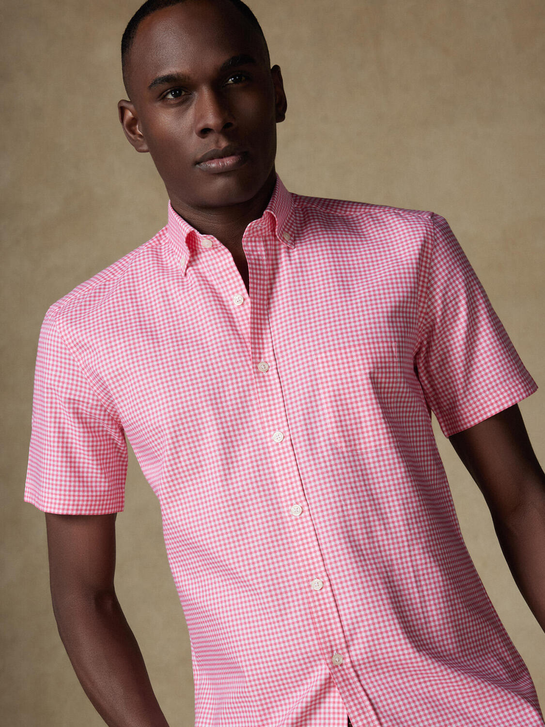 Overhemd met korte mouwen Anthony in vichy fuchsia - Button-down kraag