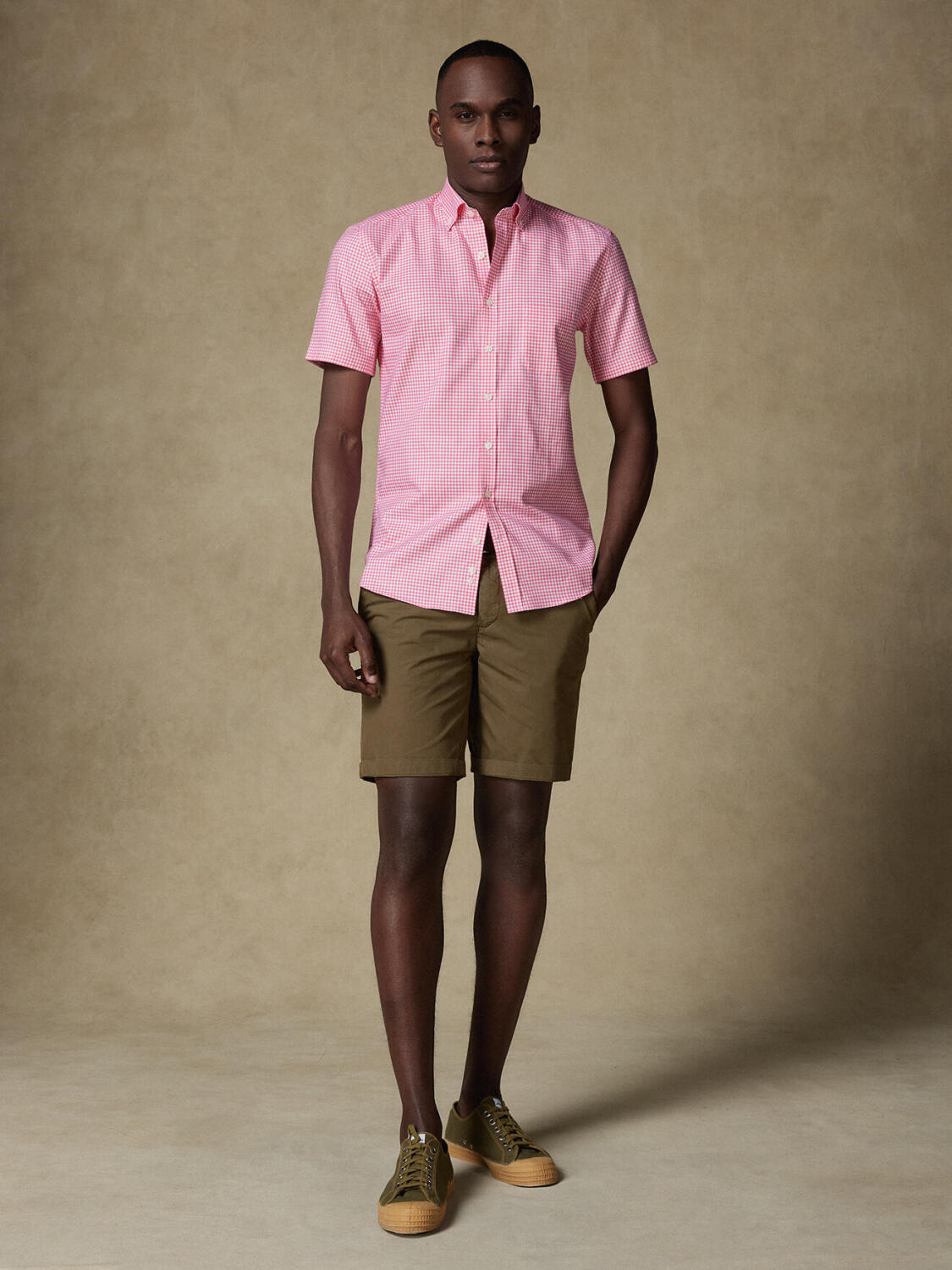 Overhemd met korte mouwen Anthony in vichy fuchsia - Button-down kraag