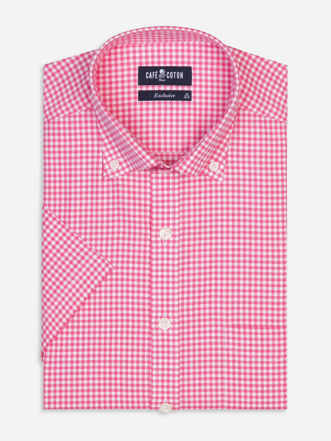 Overhemd met korte mouwen Anthony in vichy fuchsia - Button-down kraag