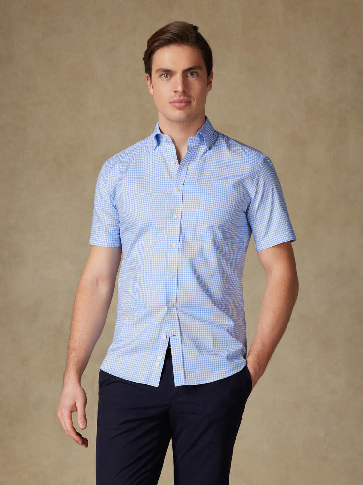 Chemise manches courtes Anthony en micro vichy ciel - Col boutonné