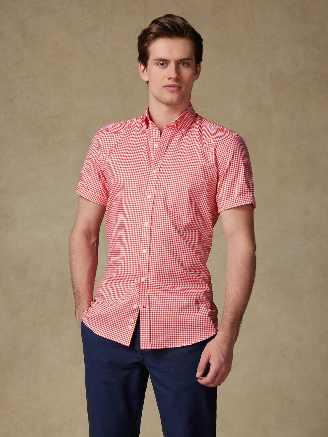 Camisa de manga corta Anthony en vichy naranja - Cuello abotonada