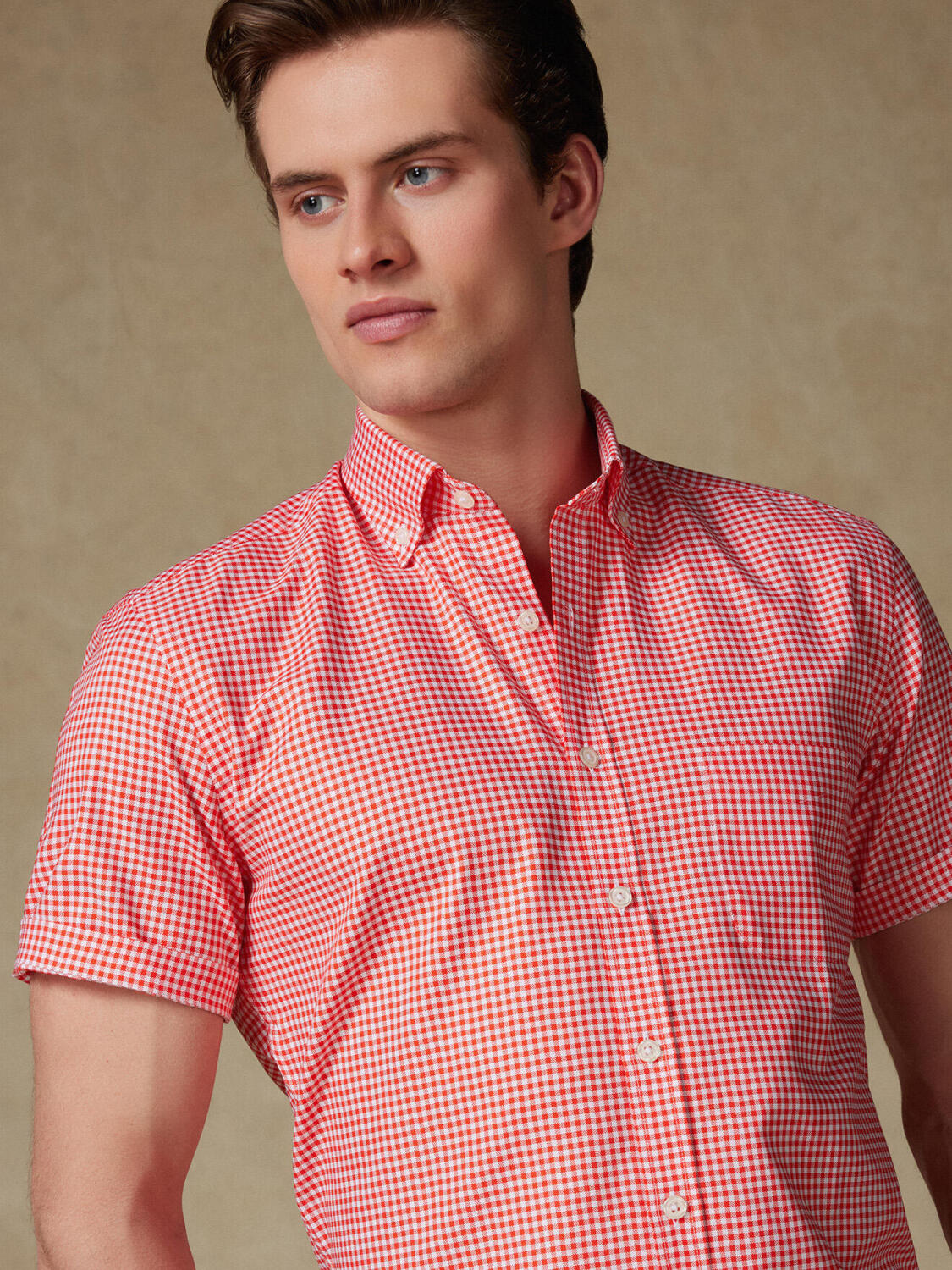 Camisa de manga corta Anthony en vichy naranja - Cuello abotonada