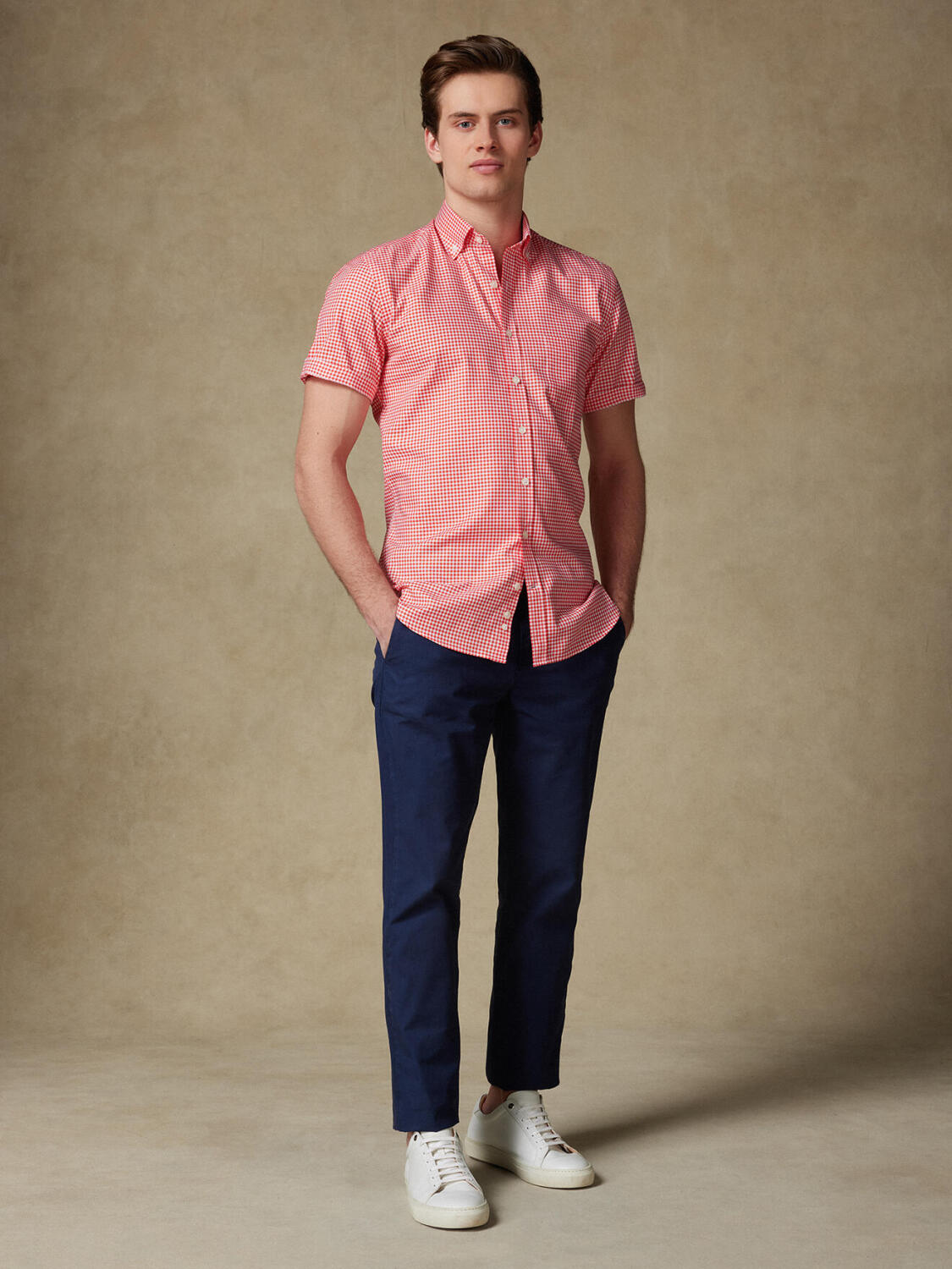 Camisa de manga corta Anthony en vichy naranja - Cuello abotonada